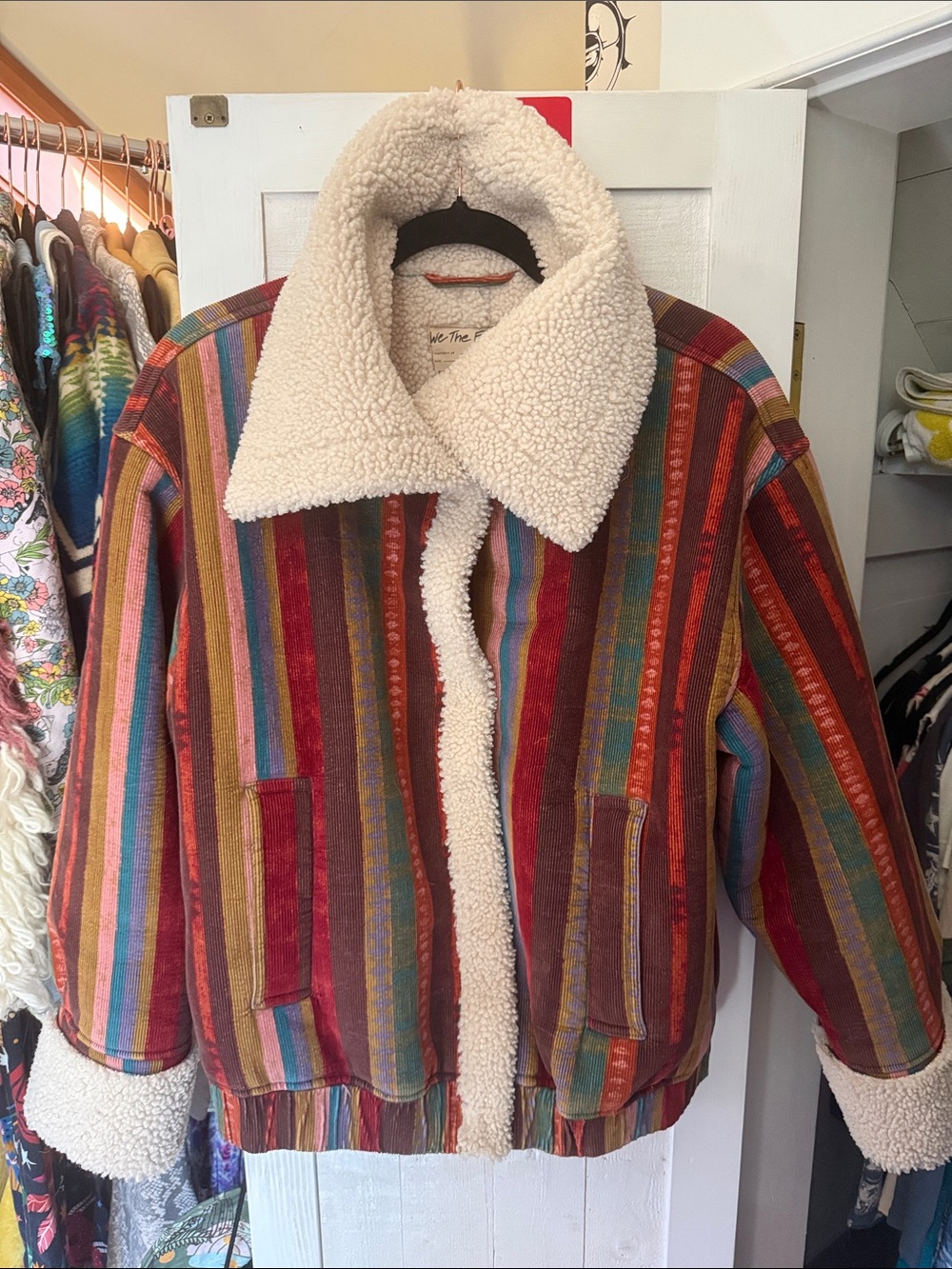 Free People Multicolor Striped Teddy Jacket with Cream Sherpa Collar - Picture 4 of 6